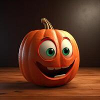 pixar estilo riendo dibujos animados calabaza 3d personaje en brillante marrón de madera antecedentes. generativo ai. foto