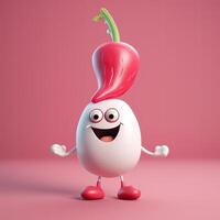 Pixar Style Giggling Egg 3D Character with Red Chili on Pink Background. . photo