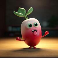 Pixar Style Tongue Out Turnip 3D Character on Shiny Brown Background. Generative AI. photo