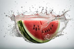 Juicy Fresh Watermelon Slice Splashing into Mid Water Against White Background, . photo