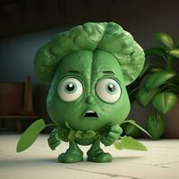 Pixar Style Angry Spinach 3D Character with Potted Plant on Shiny Room. Generative AI. photo