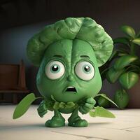 Pixar Style Angry Spinach 3D Character with Potted Plant on Shiny Room. . photo