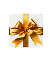 Isolated White Gift Box with Golden Ribbon on Transparent Background. . png