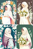 Set of Pregnant and Nonpregnant Islamic Woman Character Surrounding Flowers . . photo