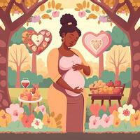 Portrait of African Pregnant Woman Holding Heart Shape, Delicious Foods on Garden Background. Concept of Pregnancy, Parenthood, Mothers Day. Created By Generative AI Technology. photo