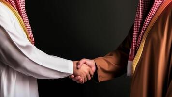 Cropped Image of Business handshake between two Arabian Man on black background. . photo