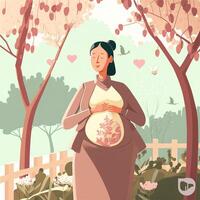 Illustration of Pregnant Woman Rubbing Her Belly on Nature Background. Concept of Pregnancy, Parenthood, Mothers Day. Created By Technology. photo