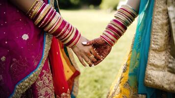 Cropped Image of Friendly or Casual Handshake Between Multicultural Women in Their Traditional Attire. . photo