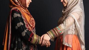 Cropped Image of Lovely Young Islamic Girls Holding Hands Against Black Background. . photo