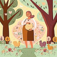 Portrait of Pregnant Woman Standing and Cute Animal on Garden Background. Concept of Pregnancy, Parenthood, Mothers Day. Created By Technology. photo