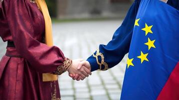 simpático o casual apretón de manos Entre multicultural mujer con UE bandera. generativo ai. foto