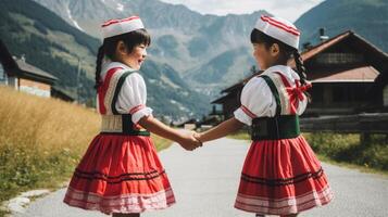 sorprendentes fotografía de eslovaco folklore atuendo asiático muchachas participación manos en calle a montaña aldea. generativo ai. foto