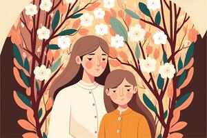 Closeup Portrait of Young Woman with Her Daughter, Floral Decorated on Background. Concept of Mothers Day, Relationship Between Mother and Child. Generative AI Technology. photo