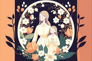 Vector Illustration of Young Woman Standing with Her Daughter, Floral Circular Frame in Background. Concept of Mothers Day, Relationship Between Mother and Child. Generative AI Technology. photo