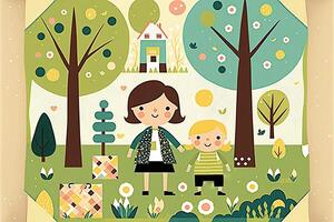 Illustration of Cute Mother and Child Standing on Nature Background, Concept of Mothers Day. . photo