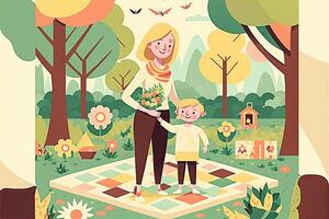 Beautiful Image of Cute Boy Giving Bouquet His Mother on Garden. Mother Day Poster or Template Design Created By . photo