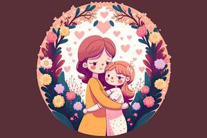 un hermosa imagen de amoroso madre abrazando su hija en floral circular marco o antecedentes. madre día bandera diseño creado por generativo ai. foto