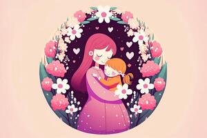 A Beautiful Image of Loving Mother Hugging Her Daughter in Floral Circular Frame or Background. Mother Day Banner Design Created By . photo