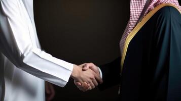 Cropped Image of Business Handshake Between Two Arabic Men in Their Traditional Attire. . photo