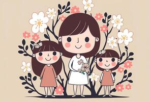 un hermosa imagen de joven madre con dos hijas en pie en floral bosque para madre o De las mujeres día diseño creado por generativo ai. foto