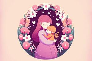 A Beautiful Image of Loving Mother Hugging Her Daughter in Floral Circular Frame or Background. Mother Day Banner Design Created By . photo