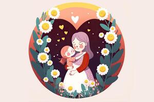 A Beautiful Image of Loving Mother Hugging Her Daughter in Circular Floral Forest Frame or Background. Mother Day Banner Design Created By . photo