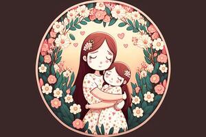 un hermosa imagen de amoroso madre abrazando su hija en floral circular marco o antecedentes. madre día bandera diseño creado por generativo ai. foto