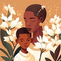 Illustration of African Young Woman with Her Son Character, Beautiful Floral Decorated on Background. Concept of Mothers Day, Relationship Between Mother and Child. Generative AI. photo