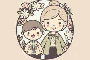 linda ilustración de alegre madre con su hijo, circular floral marco en rosado antecedentes. concepto de madres día. generativo ai. foto