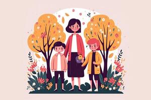 Illustration of Modern Young Woman Standing with Her Kids on Nature Background. Concept of Mothers Day, Relationship Between Mother and Child. . photo