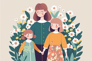 Illustration of Fashionable Young Woman Standing with Her Daughters, Floral Decorated on Beige Background. Concept of Mothers Day, Relationship Between Mother and Child. Generative AI. photo