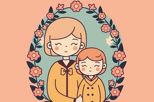 linda ilustración de joven madre con su hija, floral marco en fondo, concepto de madres día. generativo ai. foto