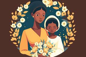 Illustration of African Young Woman with Her Son Character, Beautiful Floral Decorated on Background. Concept of Mothers Day, Relationship Between Mother and Child. Generative AI. photo