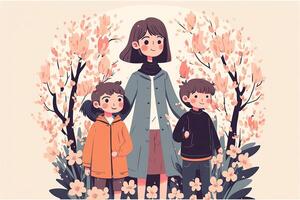 Illustration of Modern Young Woman Standing with Her Kids on Floral Nature Background. Concept of Mothers Day, Relationship Between Mother and Child. Generative AI. photo