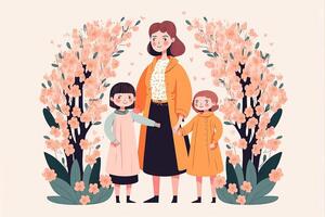 ilustración de moderno joven mujer en pie con su hijas, floral decorado en blanco antecedentes. concepto de madres día, relación Entre madre y niño. generativo ai. foto