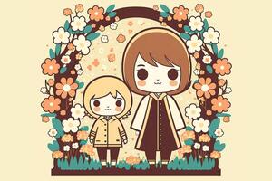 Cute Illustration of Young Mother with Her Kid, Floral Arch on Pastel Yellow Background. Concept of Mothers Day. . photo