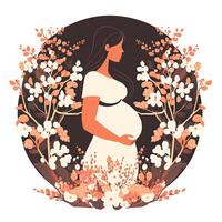 Portrait of Pregnant Woman Touching Her Belly, Floral Decorated on Background. Concept of Pregnancy, Parenthood, Mothers Day. Created By Technology. photo