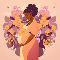 retrato de africano embarazada mujer conmovedor su barriga, floral decorado en antecedentes. concepto de el embarazo, paternidad, madres día. creado por generativo ai tecnología. foto