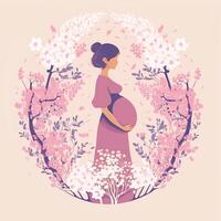 Portrait of Pregnant Woman Touching Her Belly, Floral Decorated on Background. Concept of Pregnancy, Parenthood, Mothers Day. Created By Technology. photo