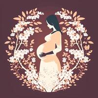 retrato de embarazada mujer conmovedor su barriga, floral decorado en antecedentes. concepto de el embarazo, paternidad, madres día. creado por generativo ai tecnología. foto