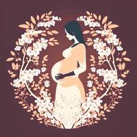 Portrait of Pregnant Woman Touching Her Belly, Floral Decorated on Background. Concept of Pregnancy, Parenthood, Mothers Day. Created By Technology. photo