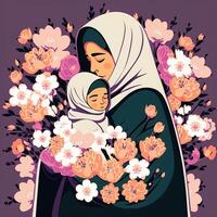 Illustration of Beautiful Arabian Woman Hugging Her Little Daughter in HIjab, Floral Decorated on Background. Concept of Mother's Day. Created By Technology. photo