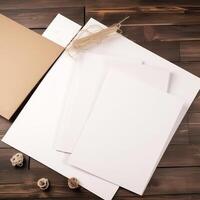 White Sheet of Blank Paper Mockup, Brown Envelope, Jute Twine, Flat Lay. . photo