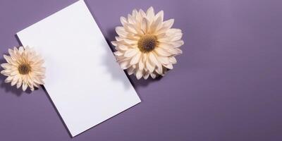 Top View of Blank White Paper Card and Daisy Flowers, Mockup Banner for Design or Product Placement Created Using . photo