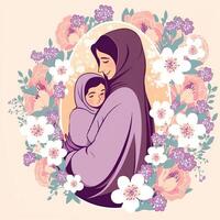 ilustración de bonito árabe mujer con su pequeño hija en hiyab, floral decorado en antecedentes. concepto de de la madre día. creado por generativo ai tecnología. foto