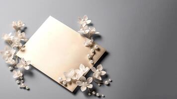 Top View 3d Wallpaper, Blank Invitation Card Mockup with Beautiful White Flowers and Pearls on Gray Background. . photo