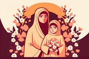 Illustration of Beautiful Arabian Woman with Her Daughter in HIjab, Floral Decorated on Background. Concept of Mother's Day. Created By Technology. photo