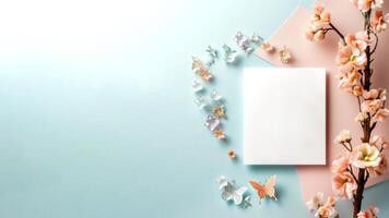 parte superior ver 3d fondo de pantalla, blanco papel tarjeta Bosquejo y hermosa flor ramas teniendo brillante ligero color increíblemente detallado mariposas generativo ai. foto