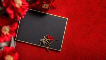 Top View of Blank Frame or Card Mockup with Blur Flowers on Red Grain Texture Background, . photo