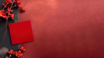 Top View of Blank Paper Card Mockup and Floral Branches on Red Texture Background, . photo